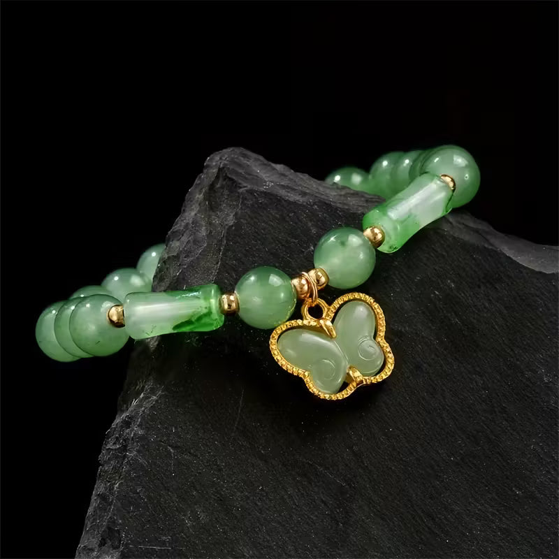 7pcs Beaded Bracelet Set – Faux Jade Vintage Chinese Style with Butterfly & Lily Pendants, Elegant Jewelry Gift