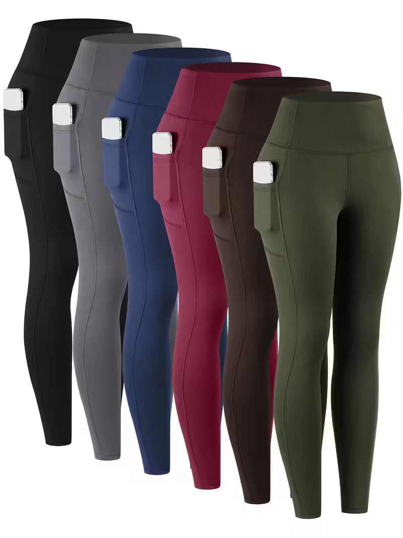 6 pcs Women’s High-Waisted Leggings with Pockets – Non-See-Through, Stretchy, Breathable Everyday Pants