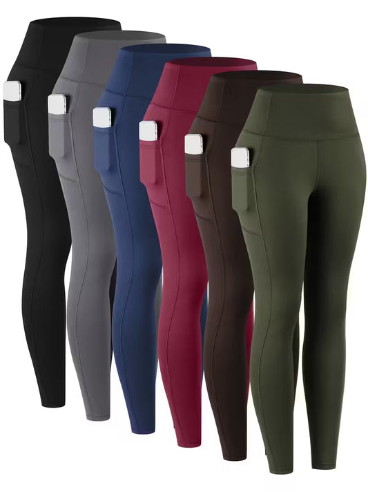 6 pcs Women’s High-Waisted Leggings with Pockets – Non-See-Through, Stretchy, Breathable Everyday Pants