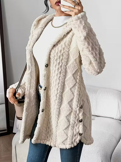 Autumn Winter Jacquard Plush Hooded Cardigan Coat – Warm & Stylish Women’s Outerwear