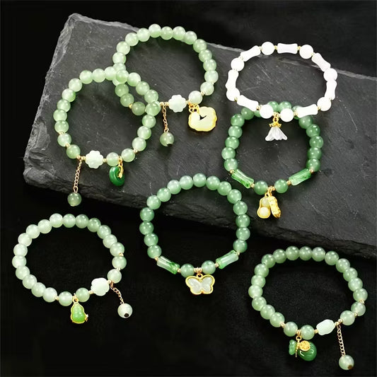 7pcs Beaded Bracelet Set – Faux Jade Vintage Chinese Style with Butterfly & Lily Pendants, Elegant Jewelry Gift