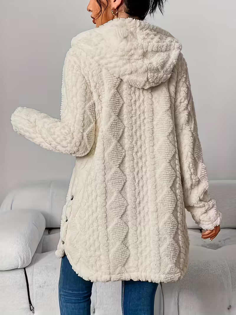 Autumn Winter Jacquard Plush Hooded Cardigan Coat – Warm & Stylish Women’s Outerwear