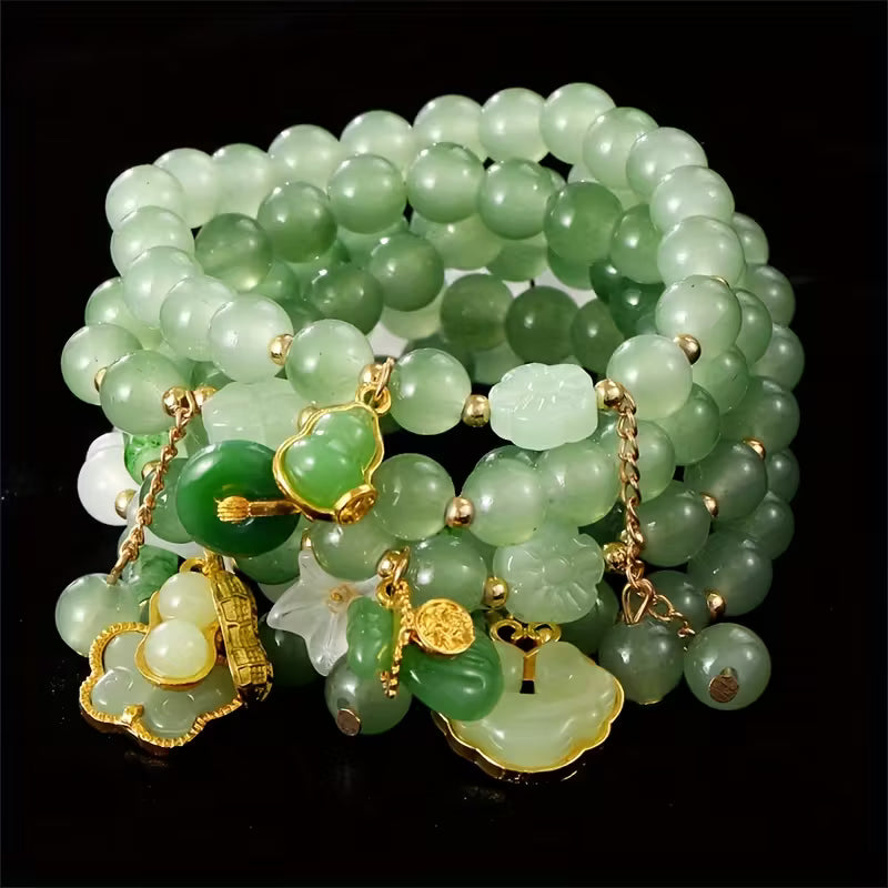7pcs Beaded Bracelet Set – Faux Jade Vintage Chinese Style with Butterfly & Lily Pendants, Elegant Jewelry Gift