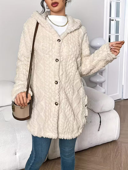 Autumn Winter Jacquard Plush Hooded Cardigan Coat – Warm & Stylish Women’s Outerwear
