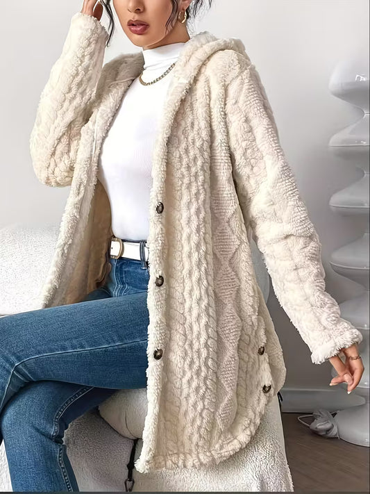 Autumn Winter Jacquard Plush Hooded Cardigan Coat – Warm & Stylish Women’s Outerwear