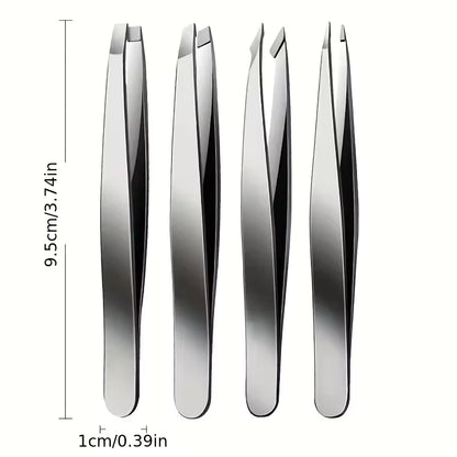 4pcs Professional Tweezers Set – Precision Eyebrow Hair Removal & Splinter Tool Kit