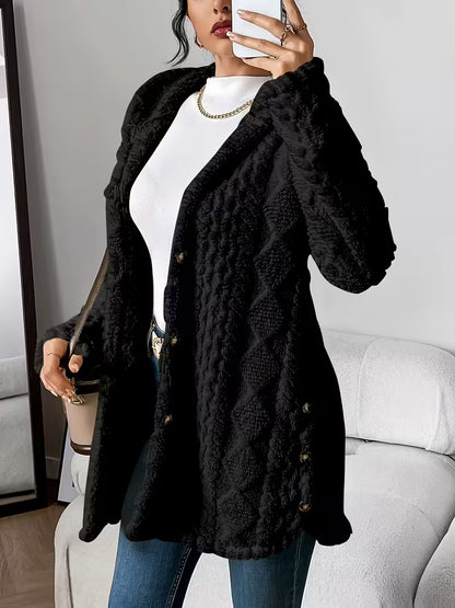 Autumn Winter Jacquard Plush Hooded Cardigan Coat – Warm & Stylish Women’s Outerwear