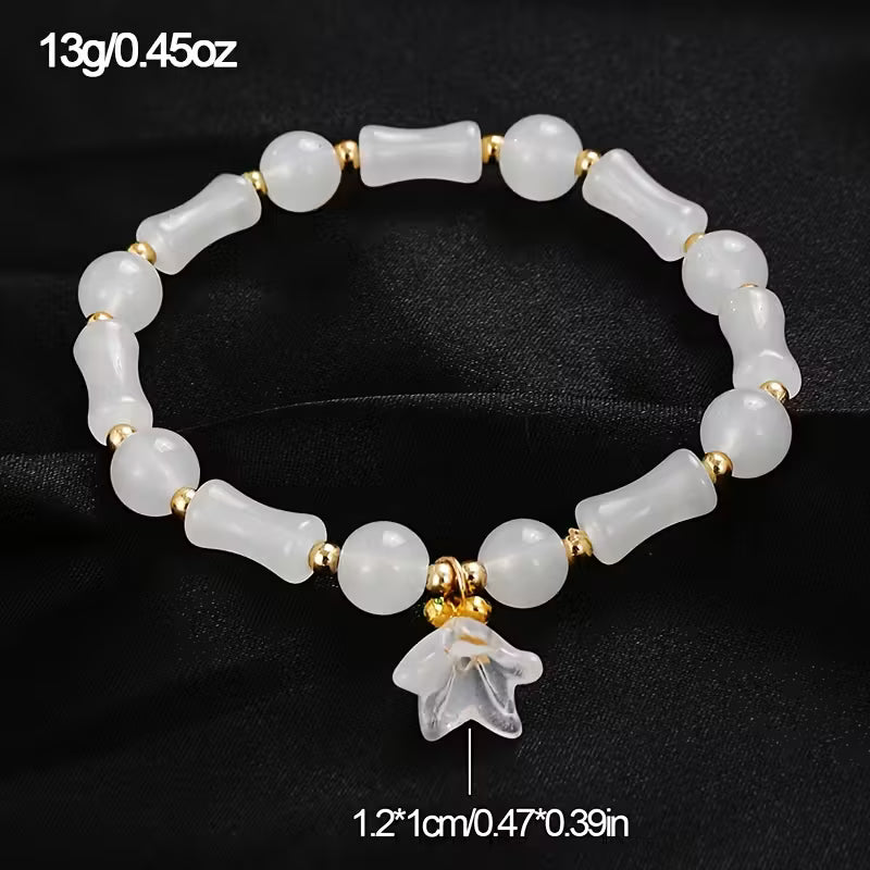 7pcs Beaded Bracelet Set – Faux Jade Vintage Chinese Style with Butterfly & Lily Pendants, Elegant Jewelry Gift