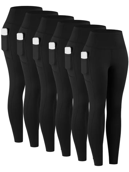 6 pcs Women’s High-Waisted Leggings with Pockets – Non-See-Through, Stretchy, Breathable Everyday Pants