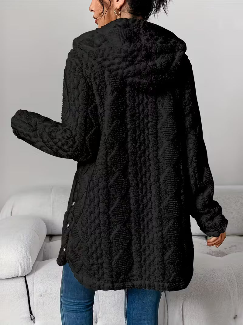 Autumn Winter Jacquard Plush Hooded Cardigan Coat – Warm & Stylish Women’s Outerwear
