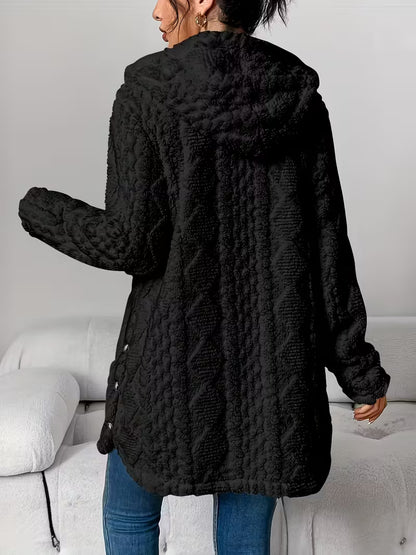 Autumn Winter Jacquard Plush Hooded Cardigan Coat – Warm & Stylish Women’s Outerwear