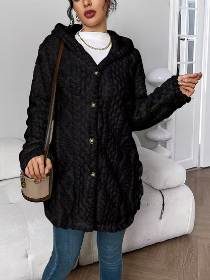 Autumn Winter Jacquard Plush Hooded Cardigan Coat – Warm & Stylish Women’s Outerwear