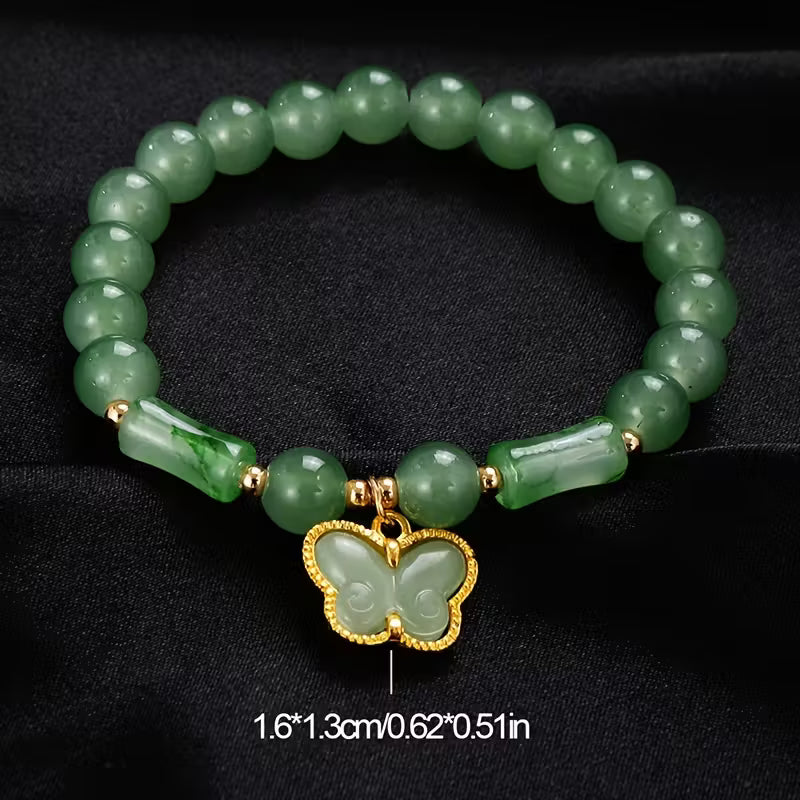 7pcs Beaded Bracelet Set – Faux Jade Vintage Chinese Style with Butterfly & Lily Pendants, Elegant Jewelry Gift