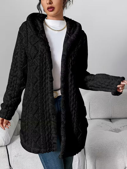 Autumn Winter Jacquard Plush Hooded Cardigan Coat – Warm & Stylish Women’s Outerwear