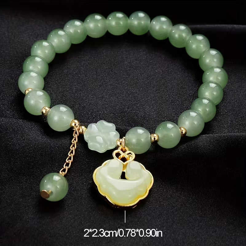 7pcs Beaded Bracelet Set – Faux Jade Vintage Chinese Style with Butterfly & Lily Pendants, Elegant Jewelry Gift
