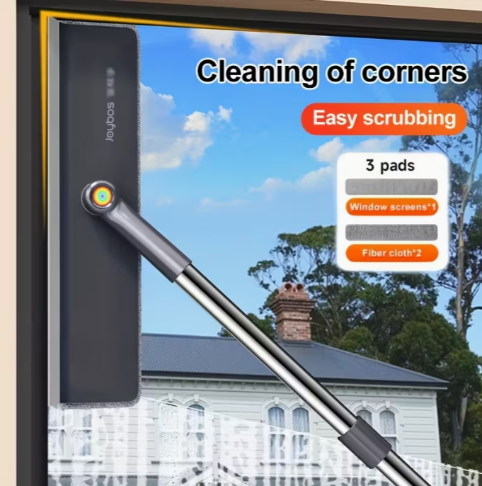 Joybos 2-in-1 Glass Cleaning Tool with Dual Fiber Cloths and Screen Mesh, Extendable Telescopic Pole - Scrape and Dry on Both Sides for Efficient Cleaning, Ideal Valentine's Day Gift, Cleaning Brush