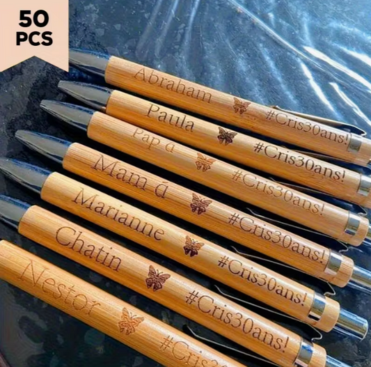 50pcs Personalized Ballpoint Pen Bamboo Fountain Pens Carved Round Ballpoint Pencil Guest Book Party Favors for Country Wedding Gifts