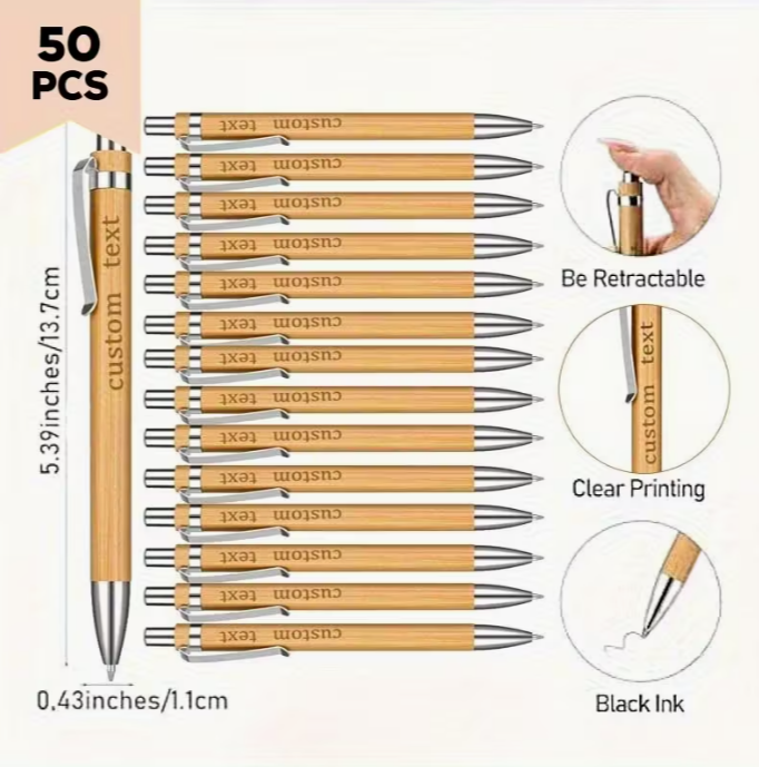 50pcs Personalized Ballpoint Pen Bamboo Fountain Pens Carved Round Ballpoint Pencil Guest Book Party Favors for Country Wedding Gifts