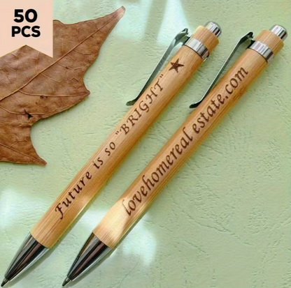 50pcs Personalized Ballpoint Pen Bamboo Fountain Pens Carved Round Ballpoint Pencil Guest Book Party Favors for Country Wedding Gifts