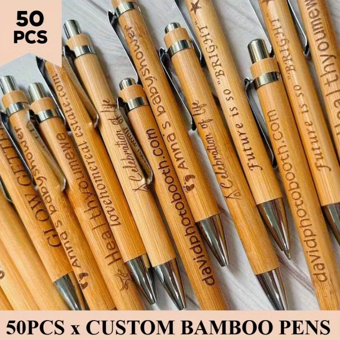 50pcs Personalized Ballpoint Pen Bamboo Fountain Pens Carved Round Ballpoint Pencil Guest Book Party Favors for Country Wedding Gifts