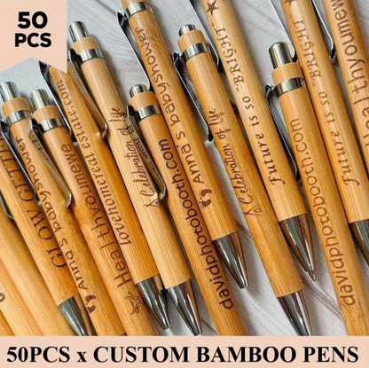 50pcs Personalized Ballpoint Pen Bamboo Fountain Pens Carved Round Ballpoint Pencil Guest Book Party Favors for Country Wedding Gifts