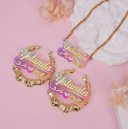 Custom Name Acrylic Hoop Earrings/Necklace Set - Elegant Cute Style, Bamboo Segment Design Personalized Alphabet Pendant, Y2k Gradient Color, DIY Circular Jewelry for Gift Giving, Party - No Plating, All Season