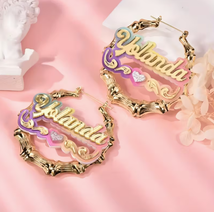 Custom Name Acrylic Hoop Earrings/Necklace Set - Elegant Cute Style, Bamboo Segment Design Personalized Alphabet Pendant, Y2k Gradient Color, DIY Circular Jewelry for Gift Giving, Party - No Plating, All Season