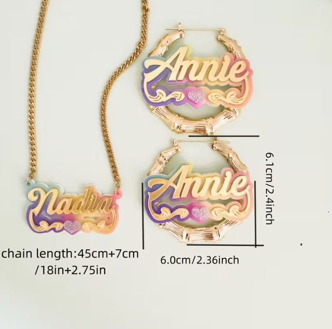 Custom Name Acrylic Hoop Earrings/Necklace Set - Elegant Cute Style, Bamboo Segment Design Personalized Alphabet Pendant, Y2k Gradient Color, DIY Circular Jewelry for Gift Giving, Party - No Plating, All Season