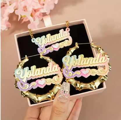 Custom Name Acrylic Hoop Earrings/Necklace Set - Elegant Cute Style, Bamboo Segment Design Personalized Alphabet Pendant, Y2k Gradient Color, DIY Circular Jewelry for Gift Giving, Party - No Plating, All Season