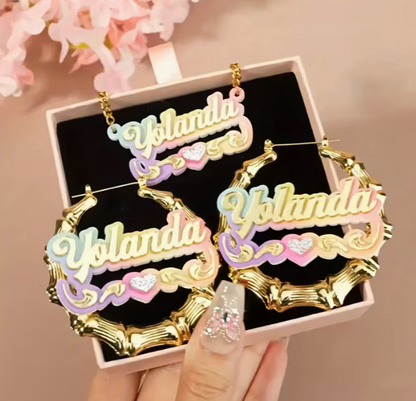 Custom Name Acrylic Hoop Earrings/Necklace Set - Elegant Cute Style, Bamboo Segment Design Personalized Alphabet Pendant, Y2k Gradient Color, DIY Circular Jewelry for Gift Giving, Party - No Plating, All Season