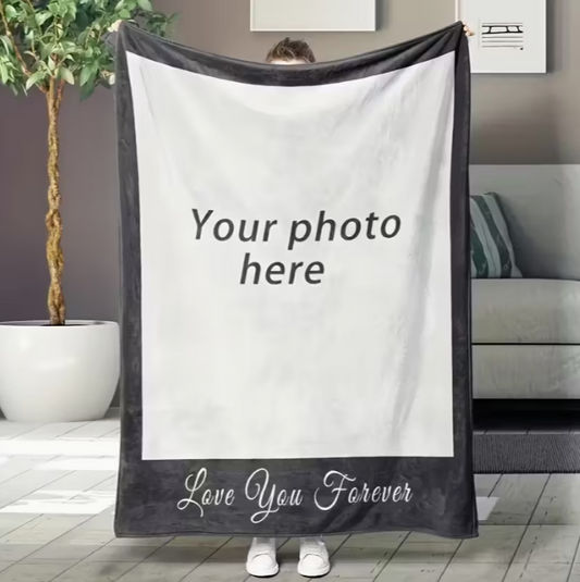 Custom Photo Throw Blanket - Soft Flannel, Geometric Black & White Design, "Love You Forever" Text - Personalized, Cozy Nap & Small Throw Blanket for All Seasons - Ideal Gift