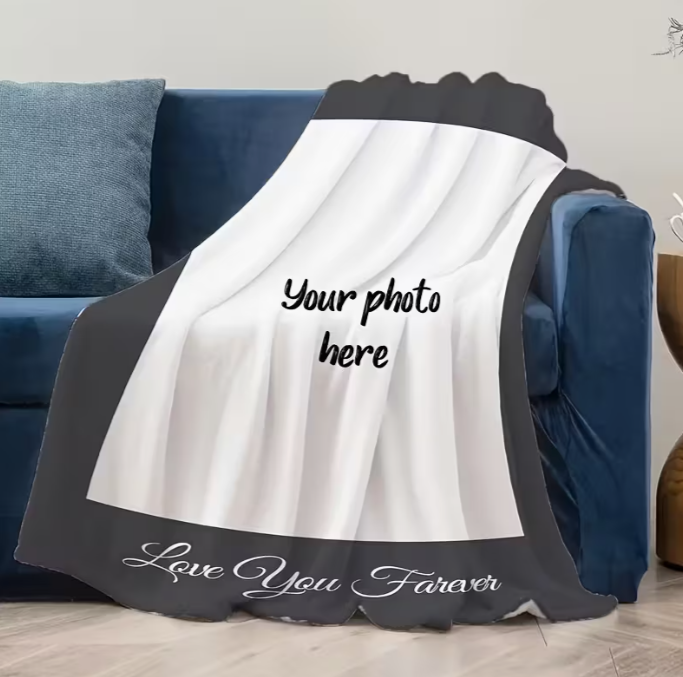 Custom Photo Throw Blanket - Soft Flannel, Geometric Black & White Design, "Love You Forever" Text - Personalized, Cozy Nap & Small Throw Blanket for All Seasons - Ideal Gift