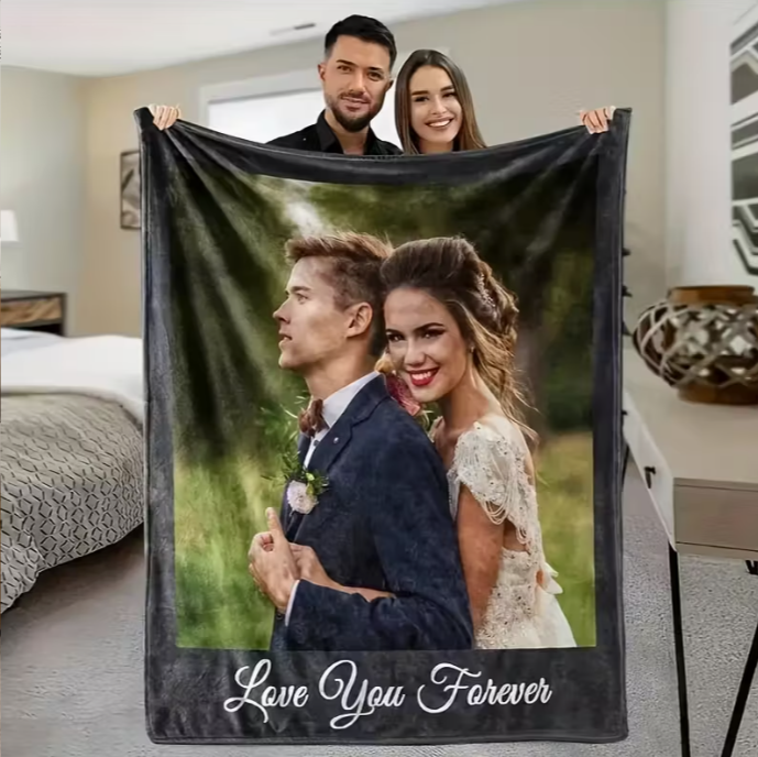 Custom Photo Throw Blanket - Soft Flannel, Geometric Black & White Design, "Love You Forever" Text - Personalized, Cozy Nap & Small Throw Blanket for All Seasons - Ideal Gift