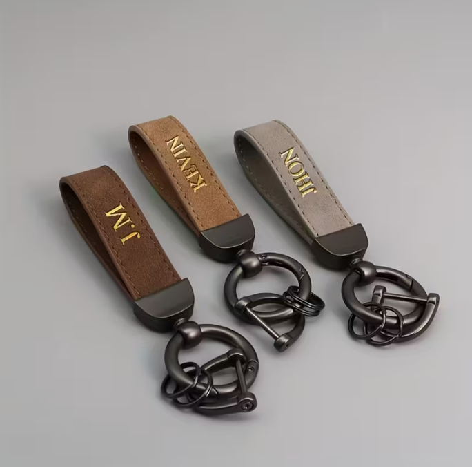 Stylish Brown & Gray Customizable Men’s Keychain | Durable Suede Faux Leather with Personalized Metal Pendant | Perfect for Father’s Day, Valentine’s Gifts & Professional Use, Leather Craft