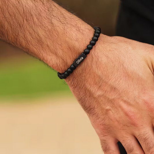 1pc Personalized Men'S Beaded Bracelet with Name, Fashion Style, Natural Stone, Ideal Christmas Gift for Husband Grandfather, No Pendan