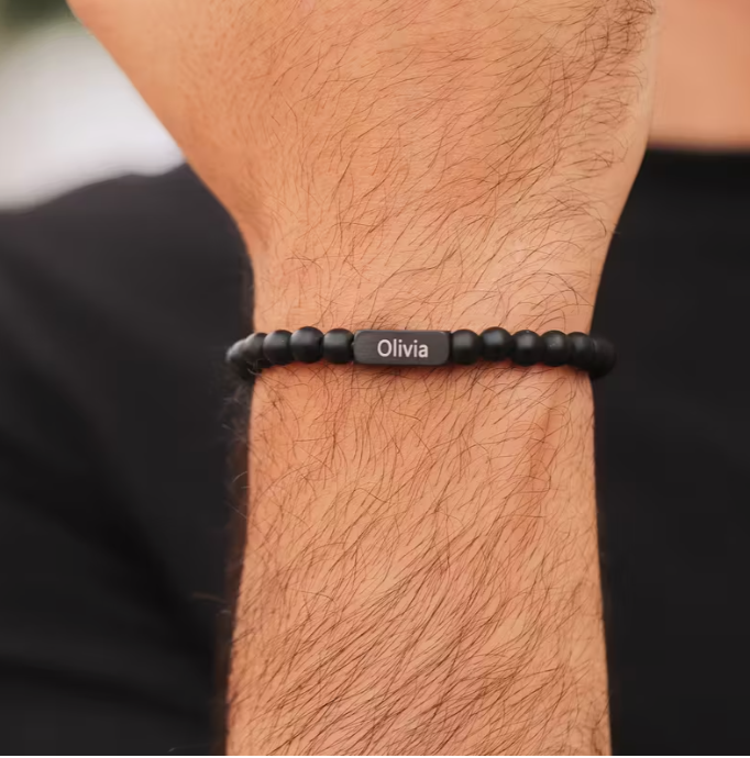 1pc Personalized Men'S Beaded Bracelet with Name, Fashion Style, Natural Stone, Ideal Christmas Gift for Husband Grandfather, No Pendan