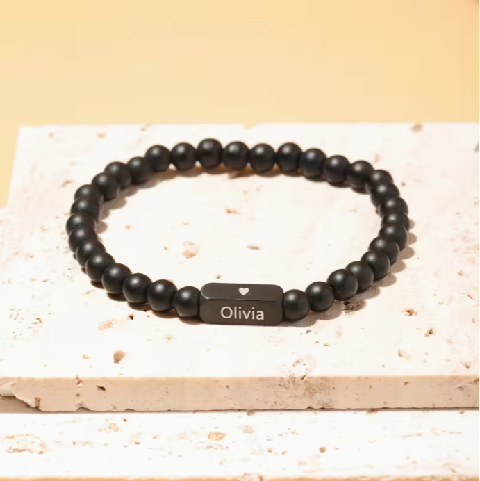 1pc Personalized Men'S Beaded Bracelet with Name, Fashion Style, Natural Stone, Ideal Christmas Gift for Husband Grandfather, No Pendan