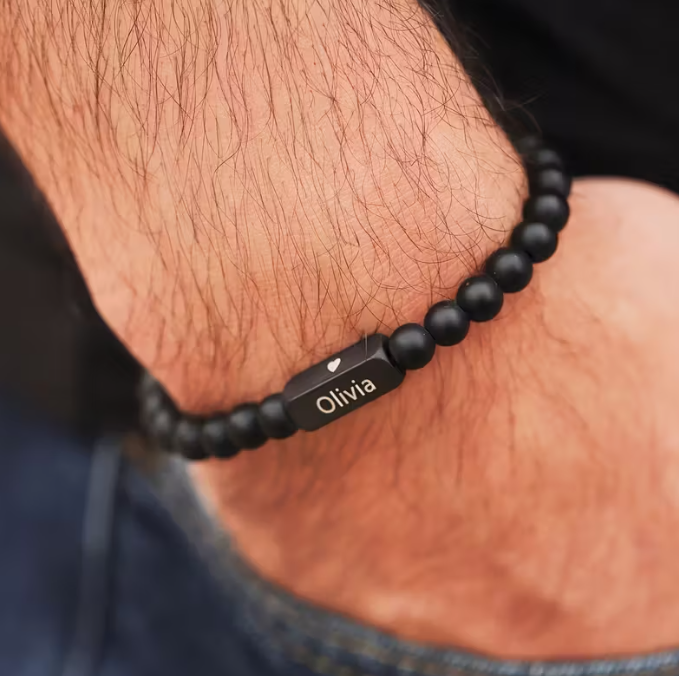 1pc Personalized Men'S Beaded Bracelet with Name, Fashion Style, Natural Stone, Ideal Christmas Gift for Husband Grandfather, No Pendan