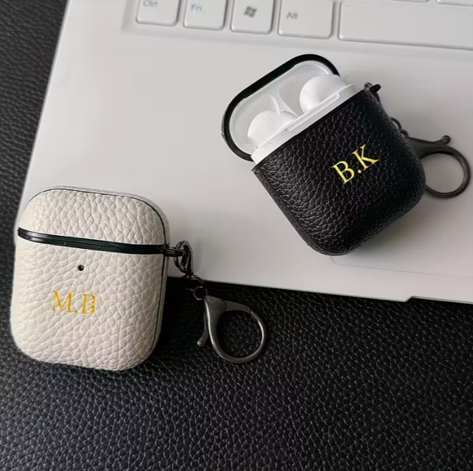 Personalized Golden Initials Letter Custom Earphone Case for 1 2 3 4 Pro 2 with Luxury Synthetic Leather Lychee Pattern TPU Cover and Keychain
