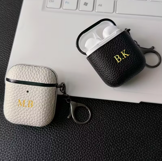 Personalized Golden Initials Letter Custom Earphone Case for 1 2 3 4 Pro 2 with Luxury Synthetic Leather Lychee Pattern TPU Cover and Keychain