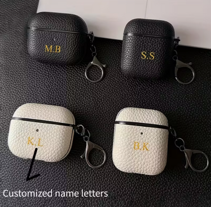 Personalized Golden Initials Letter Custom Earphone Case for 1 2 3 4 Pro 2 with Luxury Synthetic Leather Lychee Pattern TPU Cover and Keychain
