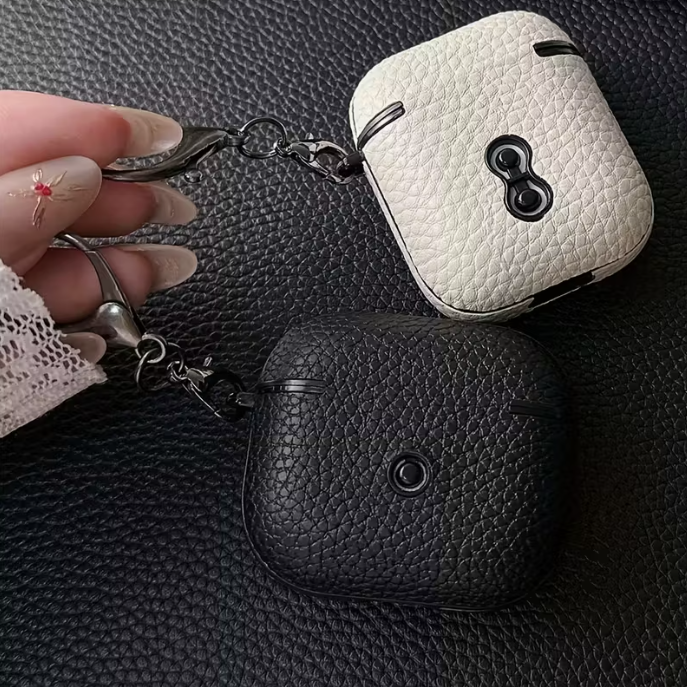Personalized Golden Initials Letter Custom Earphone Case for 1 2 3 4 Pro 2 with Luxury Synthetic Leather Lychee Pattern TPU Cover and Keychain