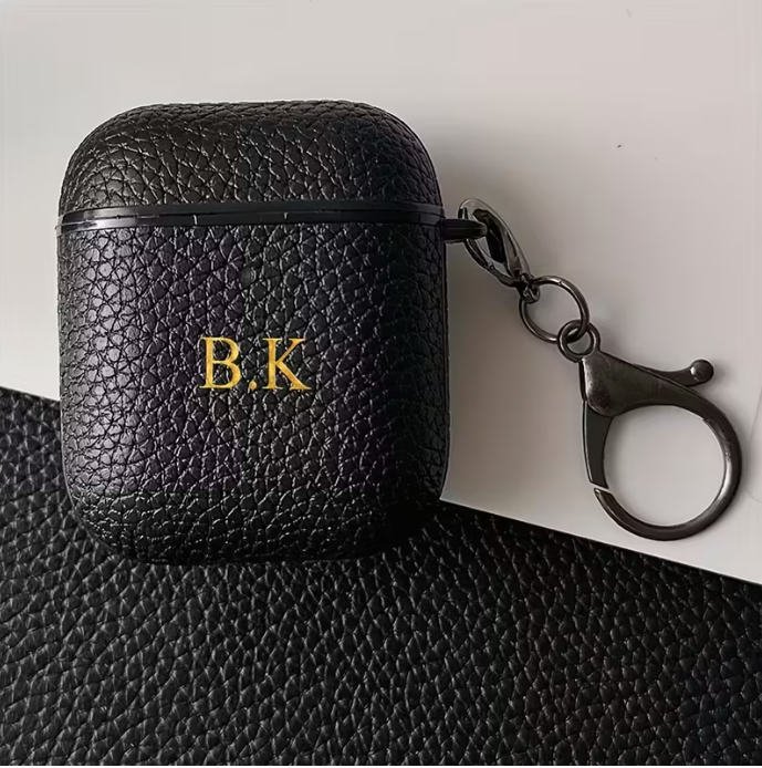 Personalized Golden Initials Letter Custom Earphone Case for 1 2 3 4 Pro 2 with Luxury Synthetic Leather Lychee Pattern TPU Cover and Keychain