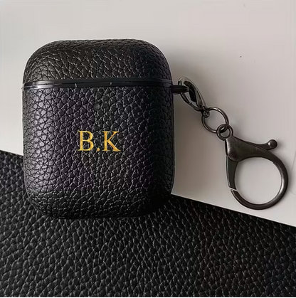 Personalized Golden Initials Letter Custom Earphone Case for 1 2 3 4 Pro 2 with Luxury Synthetic Leather Lychee Pattern TPU Cover and Keychain