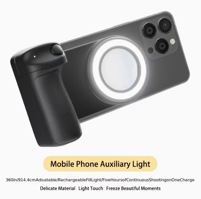 Mobile phone camera handle, smartphone camera holder, magnetic detachable remote control shutter, 360° rotating magnetic, self-lighting, easy to take selfies, live streaming