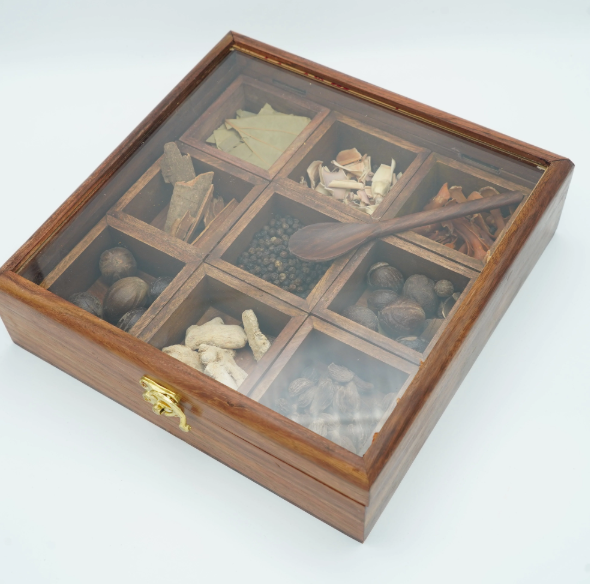Premium Wooden Spice Box with Glass Lid – 9 Compartments & Spoon