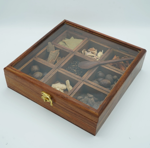 Premium Wooden Spice Box with Glass Lid – 9 Compartments & Spoon