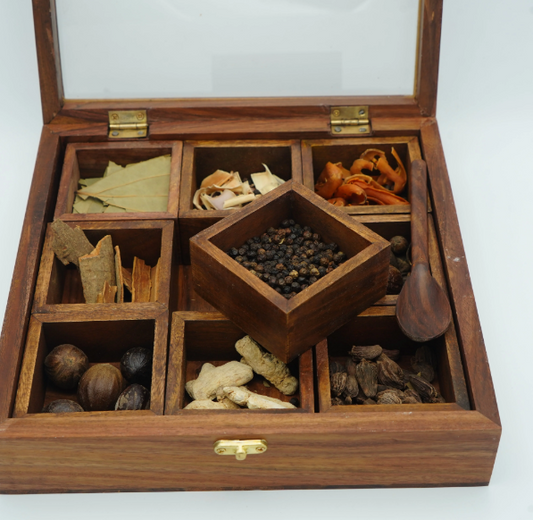 Premium Wooden Spice Box with Glass Lid – 9 Compartments & Spoon
