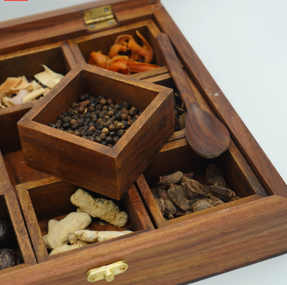 Premium Wooden Spice Box with Glass Lid – 9 Compartments & Spoon