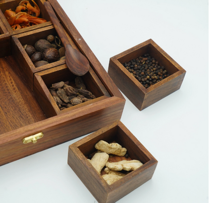 Premium Wooden Spice Box with Glass Lid – 9 Compartments & Spoon